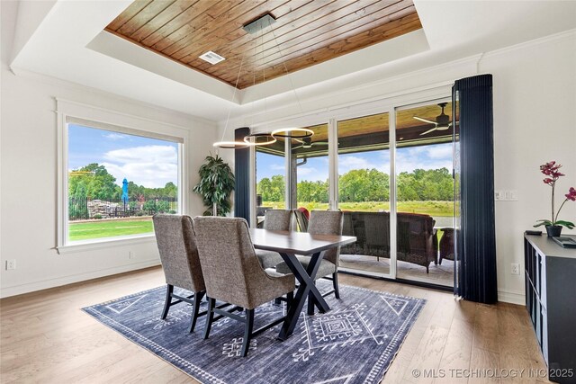 3406 W Quantico Pl, Broken Arrow, OK 74011 - dining area featuring a tray ceiling, wooden ceiling, healthy amount of natural light, and baseboards