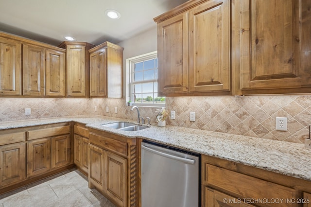 6200 E 340th Rd, Talala, OK 74080 - kitchen with stainless steel dishwasher, light stone countertops, decorative backsplash, brown cabinetry, and recessed lighting