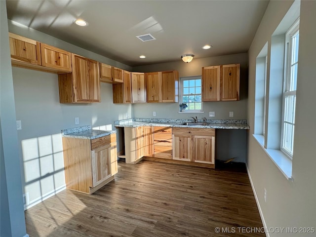 6200 E 340th Rd, Talala, OK 74080 - kitchen with dark wood-style floors, recessed lighting, and light stone countertops