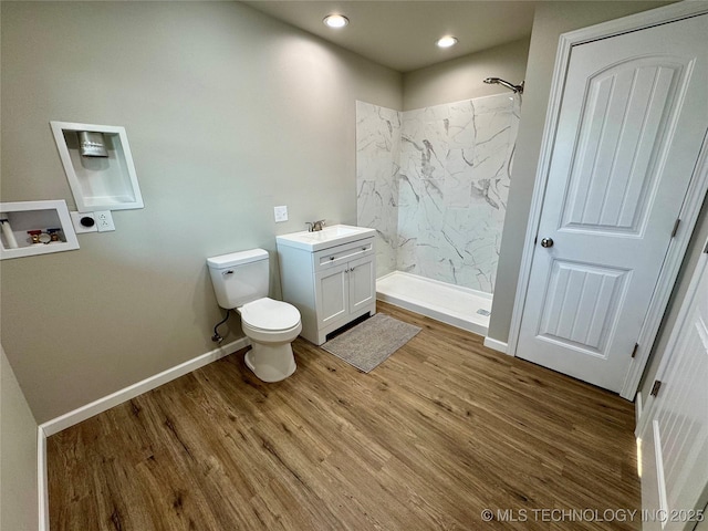 6200 E 340th Rd, Talala, OK 74080 - full bathroom featuring a marble finish shower, wood finished floors, vanity, and recessed lighting