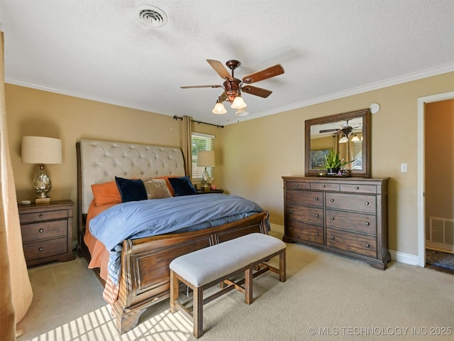 402 Beaumont Dr, Ardmore, OK 73401 - bedroom with crown molding, light colored carpet, a textured ceiling, baseboards, and ceiling fan