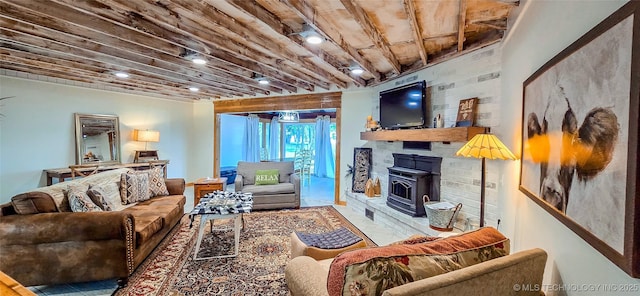 114276 S 4170th Rd, Checotah, OK 74426 - living room with a wood stove, wooden ceiling, and recessed lighting