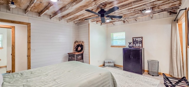 114276 S 4170th Rd, Checotah, OK 74426 - bedroom with baseboards, a ceiling fan, and wood walls
