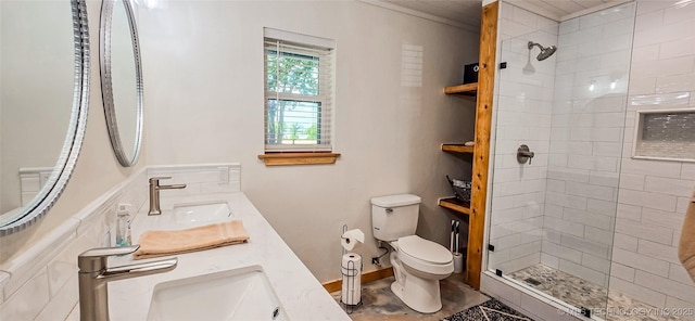 114276 S 4170th Rd, Checotah, OK 74426 - full bath featuring toilet, a tile shower, double vanity, and crown molding