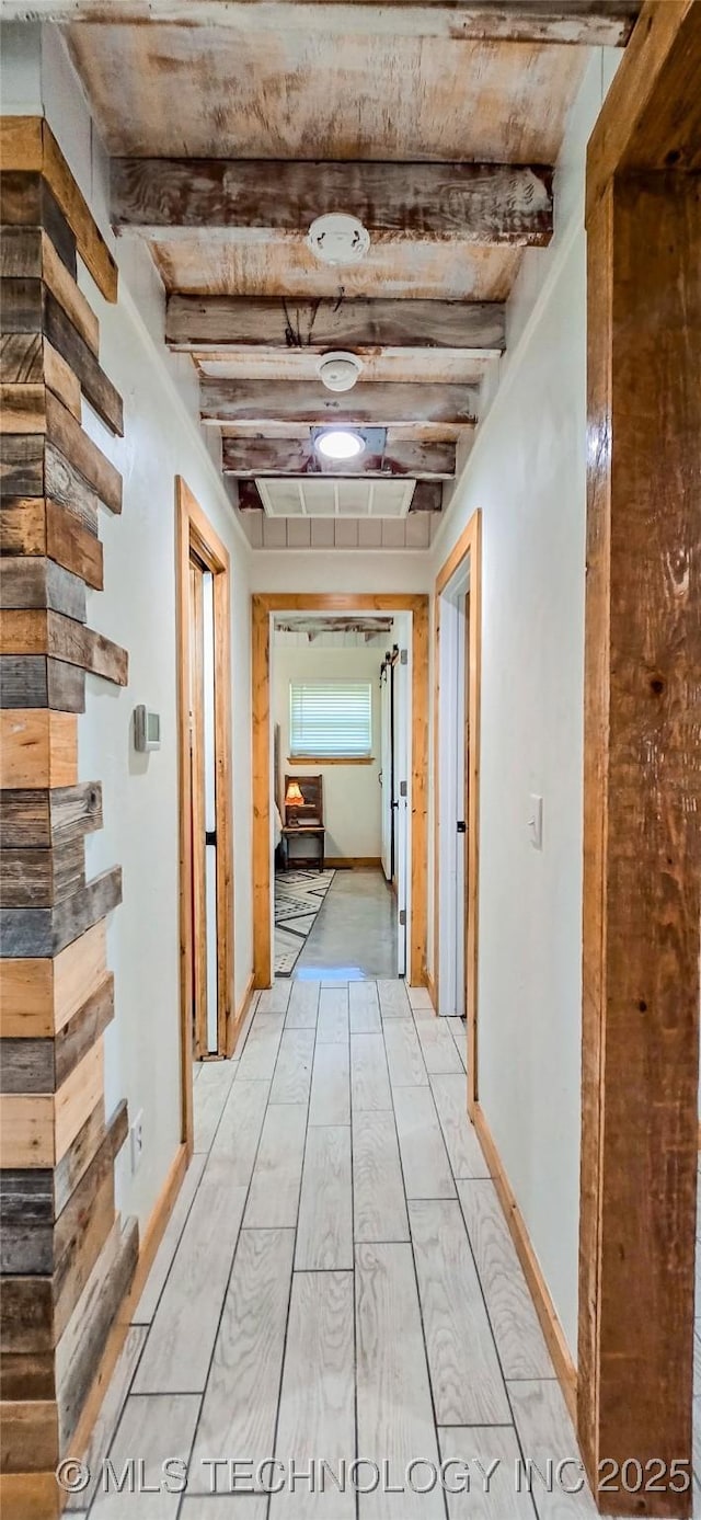 114276 S 4170th Rd, Checotah, OK 74426 - corridor with light wood finished floors and beam ceiling