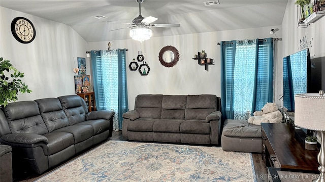 5752 E 147th St S, Bixby, OK 74008 - living area featuring wood finished floors, a ceiling fan, plenty of natural light, and vaulted ceiling