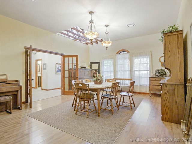 5792 W Lain Lake Rd, Atoka, OK 74525 - dining room featuring a chandelier, light wood-style flooring, and baseboards