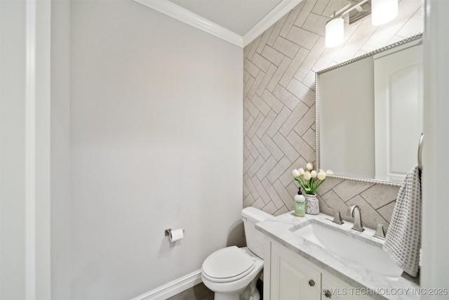 18319 E Red Fox Trl, Owasso, OK 74055 - bathroom featuring crown molding, toilet, vanity, tasteful backsplash, and tile walls