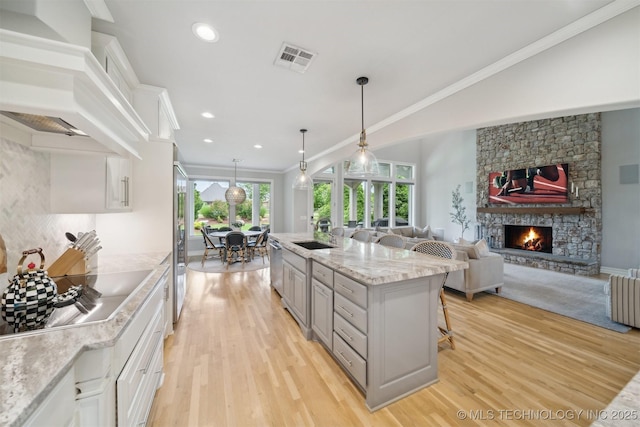 18319 E Red Fox Trl, Owasso, OK 74055 - kitchen featuring appliances with stainless steel finishes, light wood-style floors, a stone fireplace, open floor plan, and ornamental molding
