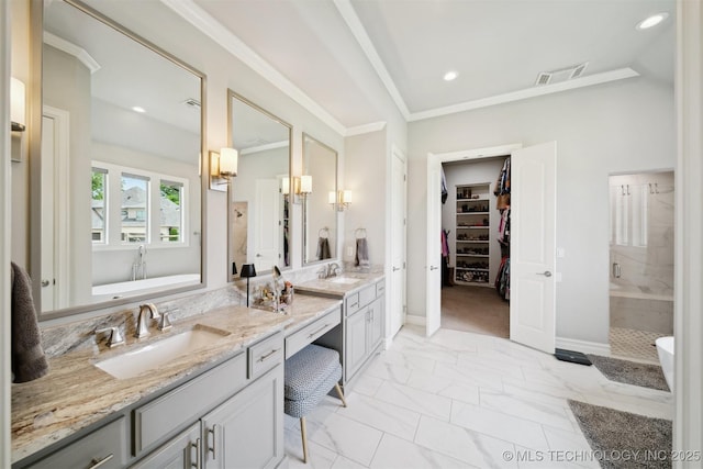 18319 E Red Fox Trl, Owasso, OK 74055 - bathroom with a shower stall, double vanity, marble look tiles, ornamental molding, and a spacious closet