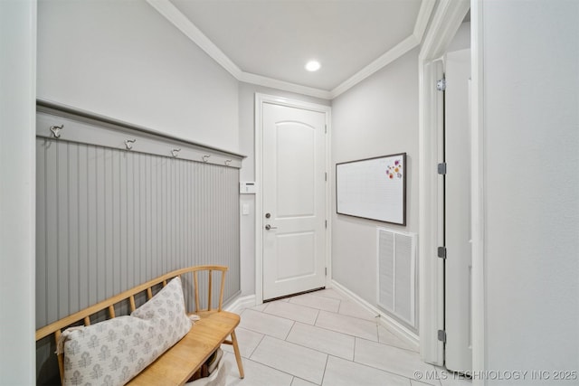 18319 E Red Fox Trl, Owasso, OK 74055 - mudroom with crown molding, light tile patterned floors, baseboards, and recessed lighting