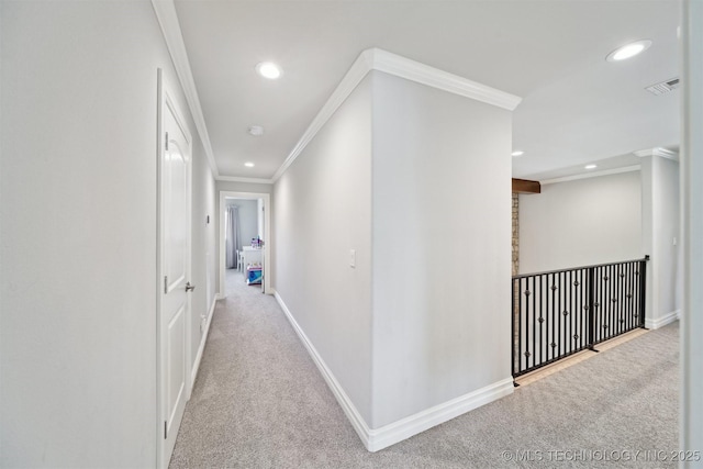 18319 E Red Fox Trl, Owasso, OK 74055 - hallway featuring crown molding, recessed lighting, carpet, and baseboards