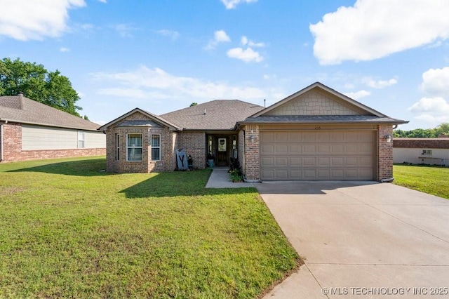 233 Murray Pl, Mannford, OK 74044 - ranch-style house featuring brick siding, driveway, a garage, and a front yard