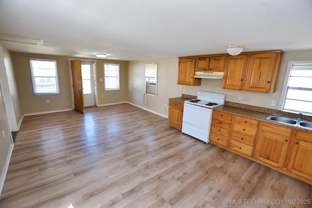 215 S Maple Ave, Tahlequah, OK 74464 - kitchen with white electric range, under cabinet range hood, a sink, and healthy amount of natural light
