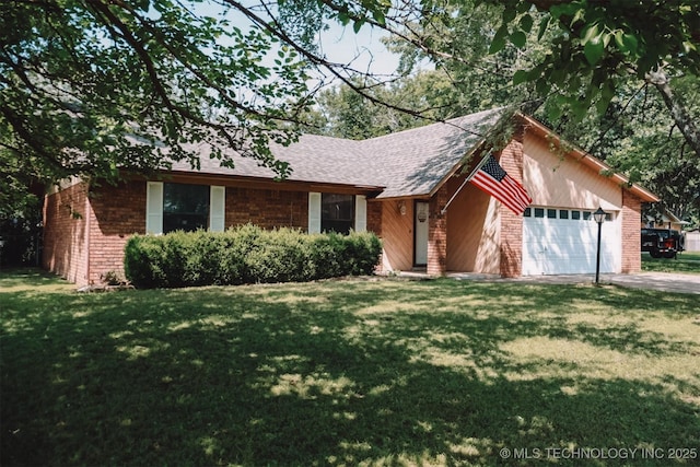 101 Honeysuckle Ln, Pryor, OK 74361 - ranch-style house featuring brick siding, a garage, a front lawn, driveway, and roof with shingles