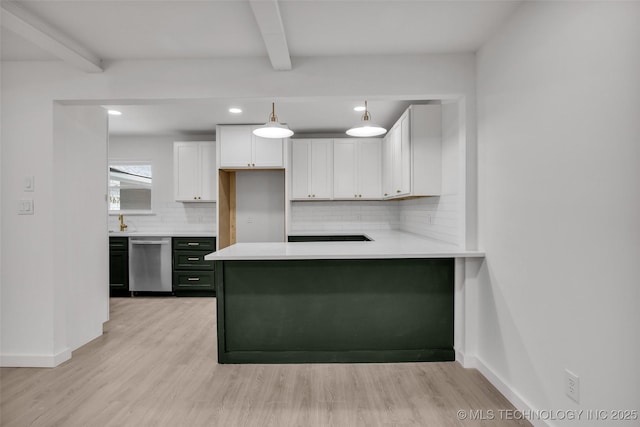 7362 S 68th E Ave, Tulsa, OK 74133 - kitchen with dishwasher, beamed ceiling, baseboards, light wood-type flooring, and white cabinets