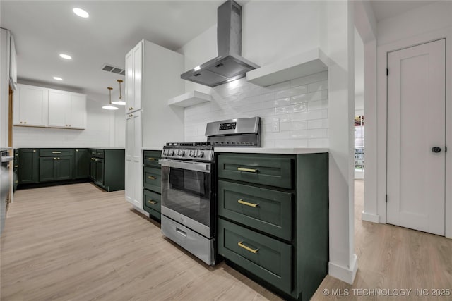7362 S 68th E Ave, Tulsa, OK 74133 - kitchen with green cabinets, range hood, gas range, light wood finished floors, and light countertops