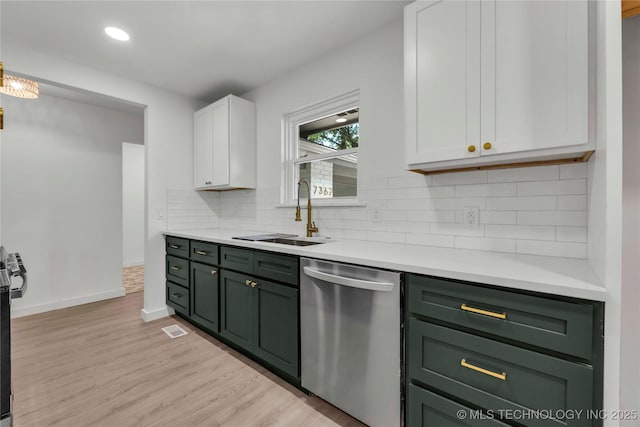 7362 S 68th E Ave, Tulsa, OK 74133 - kitchen with dishwasher, green cabinets, a sink, light countertops, and recessed lighting