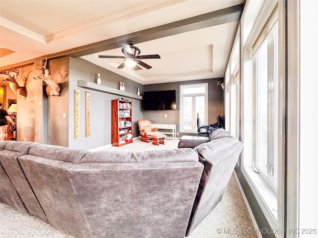 4418 N Little, Cushing, OK 74023 - living area with a ceiling fan, ornamental molding, and speckle patterned floor
