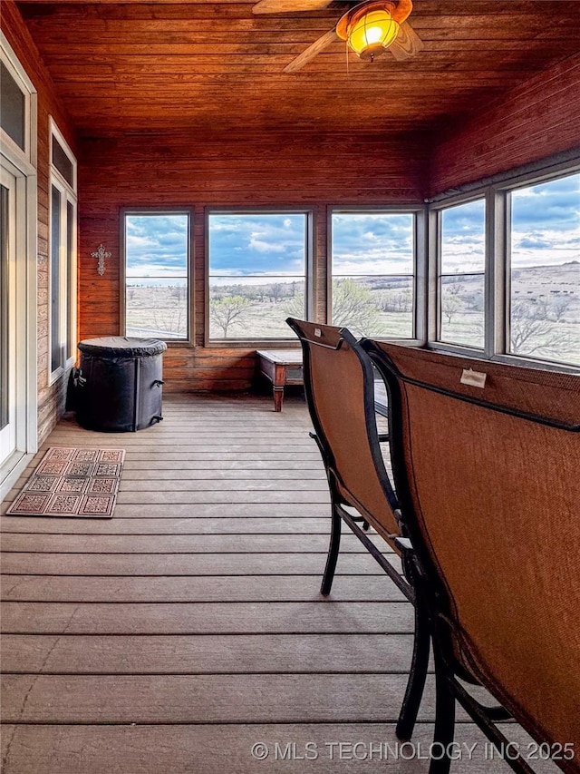 4418 N Little, Cushing, OK 74023 - sunroom featuring wood ceiling, ceiling fan, wood finished floors, and wood walls