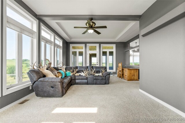 4418 N Little, Cushing, OK 74023 - living room featuring plenty of natural light, carpet, a ceiling fan, and a raised ceiling