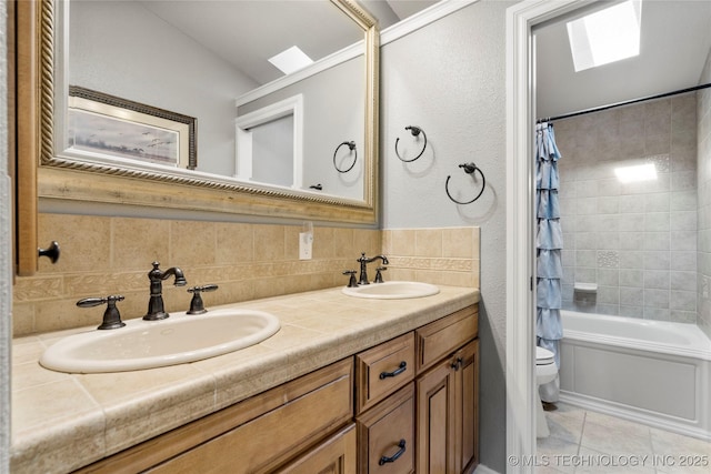 4418 N Little, Cushing, OK 74023 - bathroom featuring shower / tub combo with curtain, double vanity, lofted ceiling, and tile patterned floors