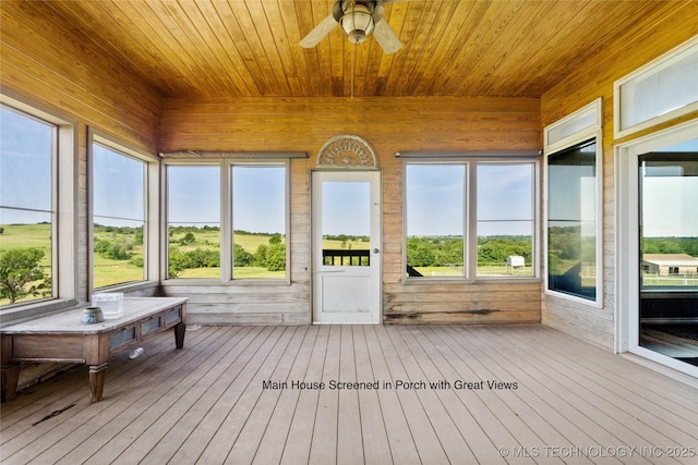 4418 N Little, Cushing, OK 74023 - sunroom featuring wooden ceiling, hardwood / wood-style flooring, wooden walls, and a ceiling fan