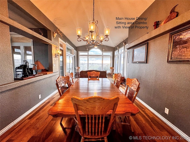 4418 N Little, Cushing, OK 74023 - dining space featuring a chandelier, a textured wall, wood-type flooring, and lofted ceiling