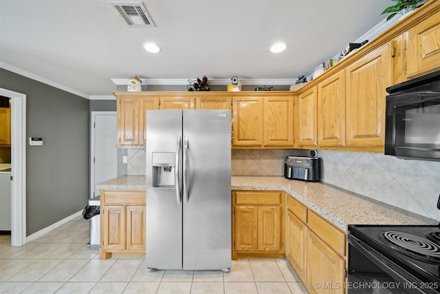 9921 N 119th E Ave, Owasso, OK 74055 - kitchen with black appliances, ornamental molding, decorative backsplash, light tile patterned floors, and light stone countertops