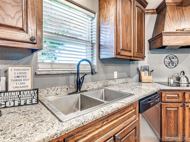 830294 S 3530, Stroud, OK 74079 - kitchen with dishwasher, a sink, a textured wall, premium range hood, and brown cabinetry