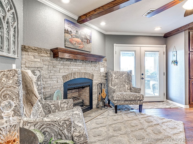 830294 S 3530, Stroud, OK 74079 - living room with crown molding, wood finished floors, a textured wall, french doors, and a ceiling fan