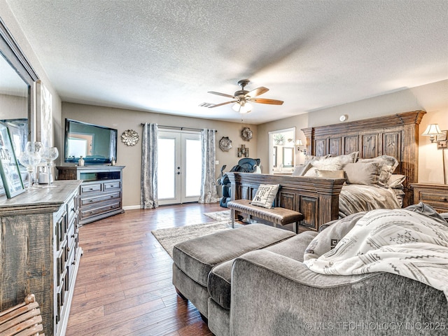 830294 S 3530, Stroud, OK 74079 - bedroom with access to exterior, hardwood / wood-style floors, a textured ceiling, ceiling fan, and french doors
