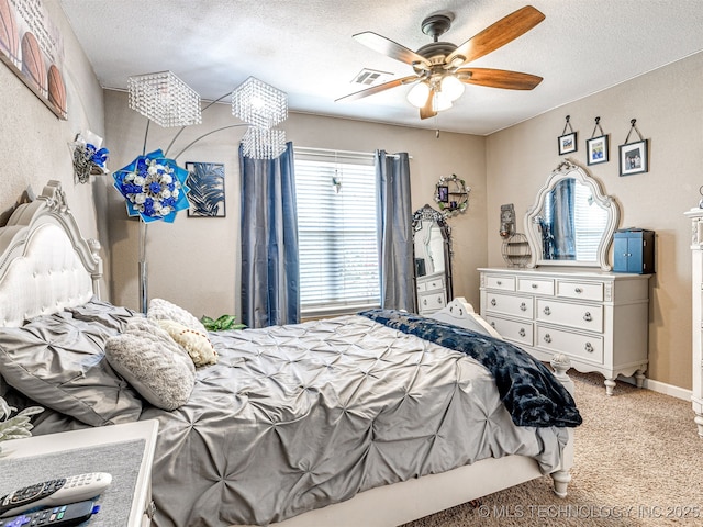 830294 S 3530, Stroud, OK 74079 - bedroom featuring a textured ceiling, carpet floors, and ceiling fan