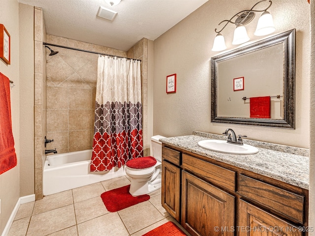 830294 S 3530, Stroud, OK 74079 - full bath featuring toilet, tile patterned flooring, vanity, shower / bathtub combination with curtain, and a textured ceiling