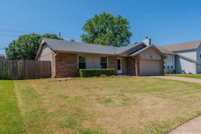 1605 W Montgomery St, Broken Arrow, OK 74012 - single story home featuring board and batten siding, brick siding, a chimney, a garage, and driveway