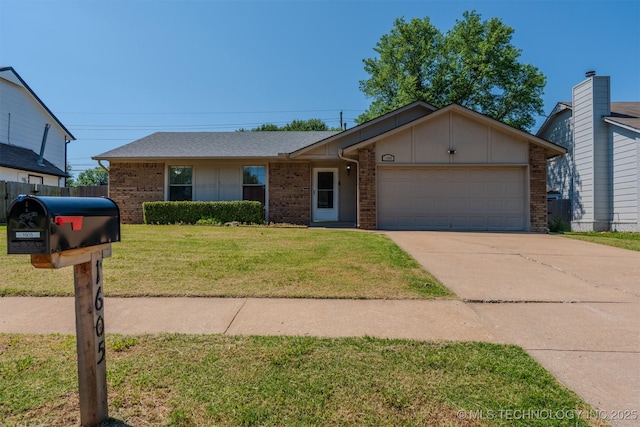1605 W Montgomery St, Broken Arrow, OK 74012 - ranch-style home with brick siding, a garage, driveway, and board and batten siding