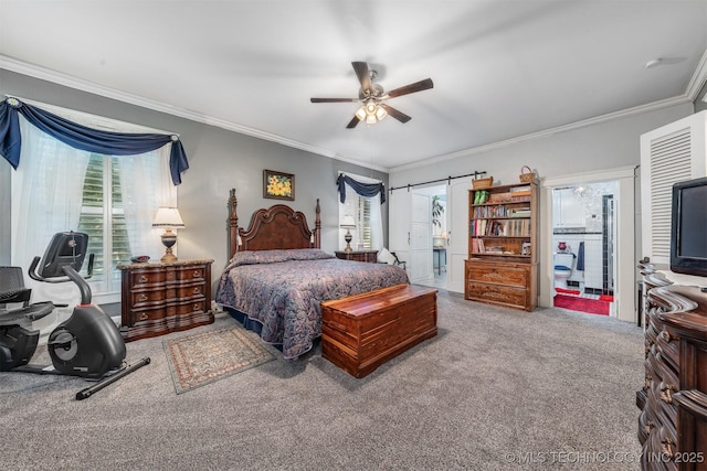 211 F SW, Ardmore, OK 73401 - bedroom with carpet floors, multiple windows, crown molding, ceiling fan, and a barn door