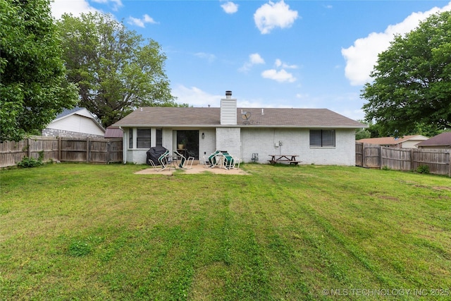 401 W Birmingham St, Broken Arrow, OK 74011 - back of property featuring a chimney, a patio, and brick siding