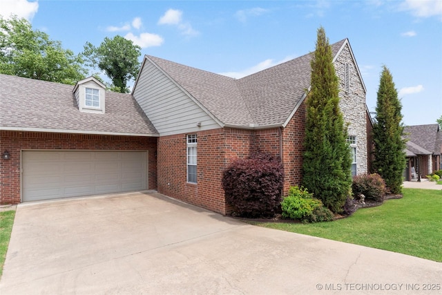 420 Fox Wood Dr, Sapulpa, OK 74066 - view of front facade with roof with shingles, a garage, brick siding, driveway, and a front yard