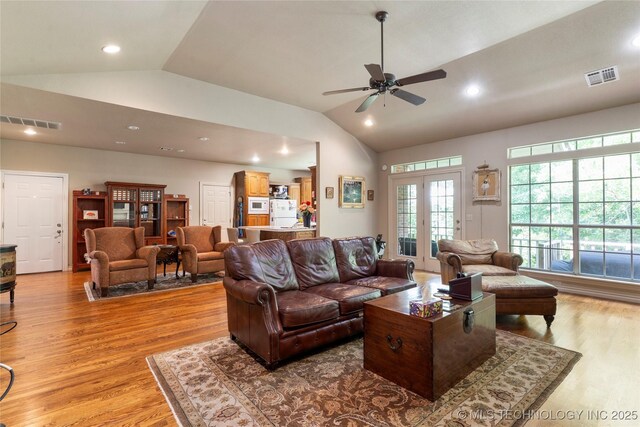 420 Fox Wood Dr, Sapulpa, OK 74066 - living area with vaulted ceiling, light wood-style flooring, ceiling fan, and recessed lighting