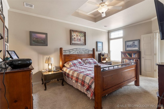 420 Fox Wood Dr, Sapulpa, OK 74066 - bedroom with light colored carpet, ornamental molding, a tray ceiling, and a ceiling fan