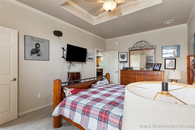 420 Fox Wood Dr, Sapulpa, OK 74066 - bedroom with light colored carpet, a tray ceiling, crown molding, and a ceiling fan