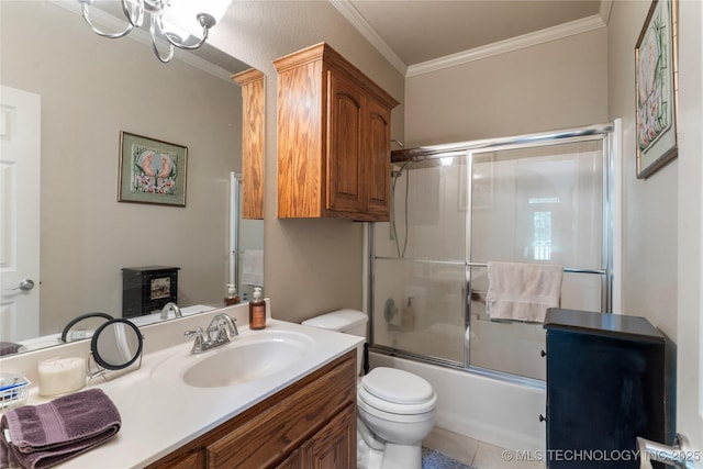 420 Fox Wood Dr, Sapulpa, OK 74066 - bathroom with ornamental molding, vanity, bath / shower combo with glass door, a chandelier, and tile patterned flooring