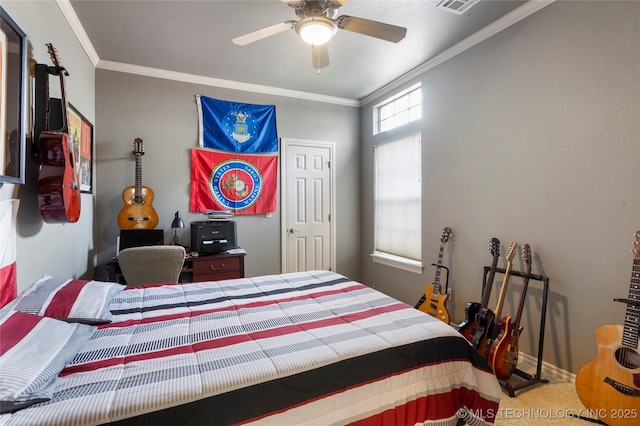 420 Fox Wood Dr, Sapulpa, OK 74066 - carpeted bedroom with ornamental molding and ceiling fan