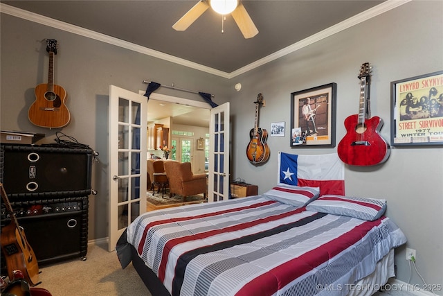 420 Fox Wood Dr, Sapulpa, OK 74066 - bedroom featuring french doors, ornamental molding, carpet floors, and ceiling fan