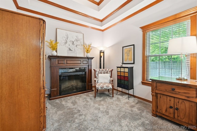 11586 S 66th E Ave, Bixby, OK 74008 - living area featuring ornamental molding, carpet, a glass covered fireplace, and baseboards