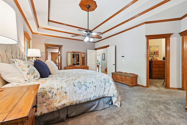 11586 S 66th E Ave, Bixby, OK 74008 - carpeted bedroom featuring ornamental molding, a raised ceiling, baseboards, and a ceiling fan