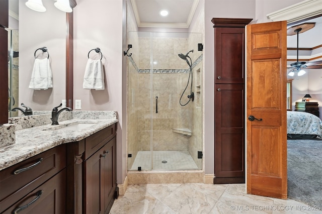 11586 S 66th E Ave, Bixby, OK 74008 - ensuite bathroom with crown molding, vanity, a stall shower, marble finish floors, and ceiling fan
