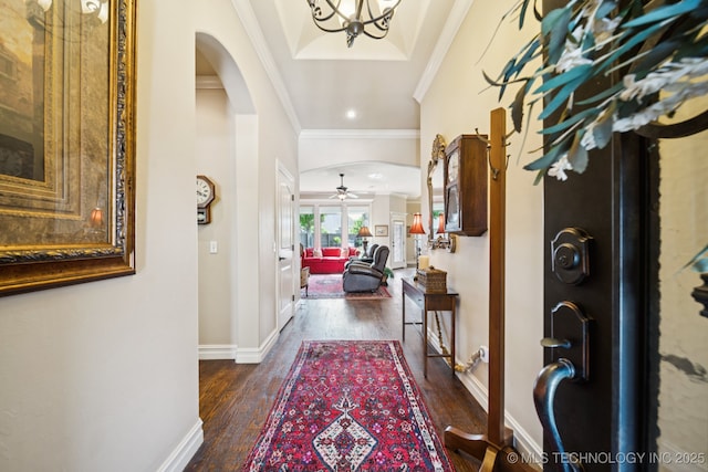 13234 S 68th E Ave, Bixby, OK 74008 - foyer with arched walkways, dark wood-style floors, ornamental molding, baseboards, and ceiling fan