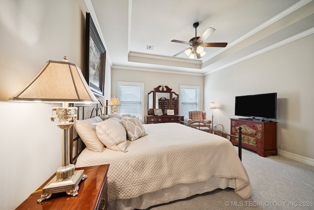 13234 S 68th E Ave, Bixby, OK 74008 - bedroom featuring carpet flooring, a tray ceiling, crown molding, a ceiling fan, and baseboards